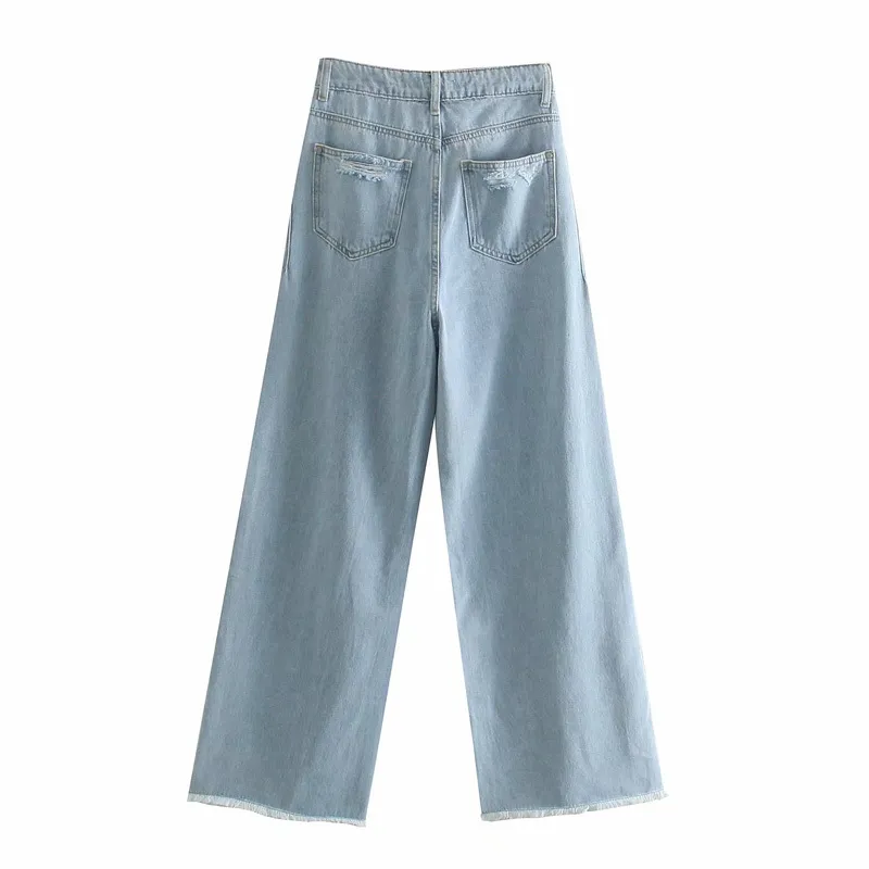 VUWWYV Blue Baggy Ripped Jeans for Women Summer Wide Leg Woman High Waist Fashion Streetwear Trousers Turn Up Trim 210430