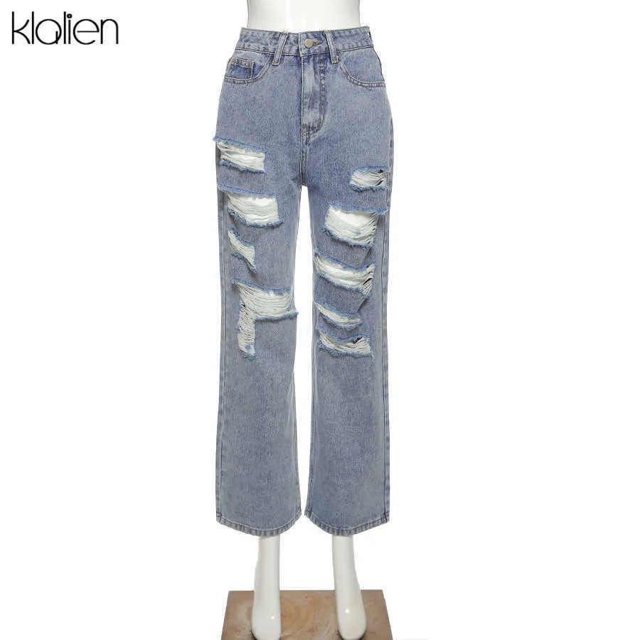 Klalien straat casual losse gat hoge taille blauwe solide katoen jeans vrouwen kantoor lady wide been jeans herfst doek-passende broek H0908