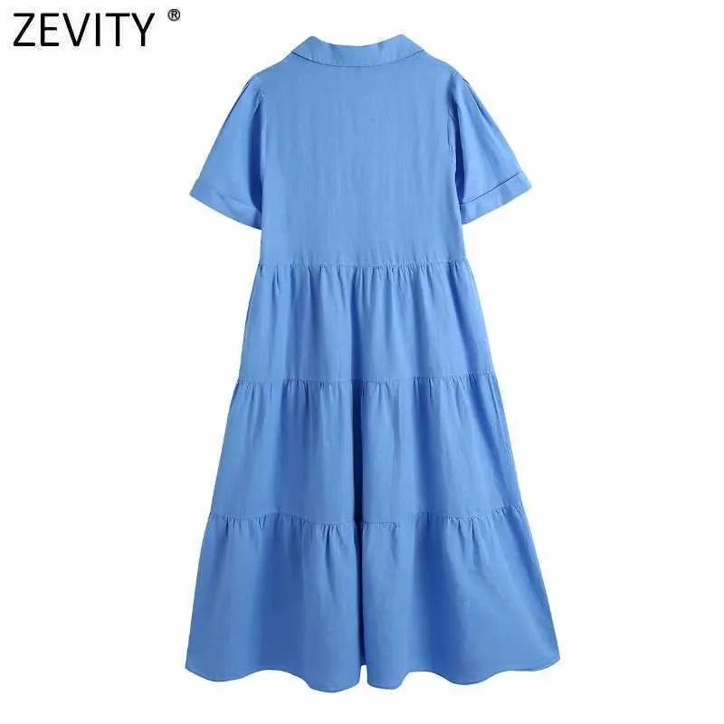 Zevity Frauen Mode Kurzarm Einfarbig Falten Midi Kleid Prairie Weibliche Chic Einreiher Vestido Hemd Kleider DS8288 210603