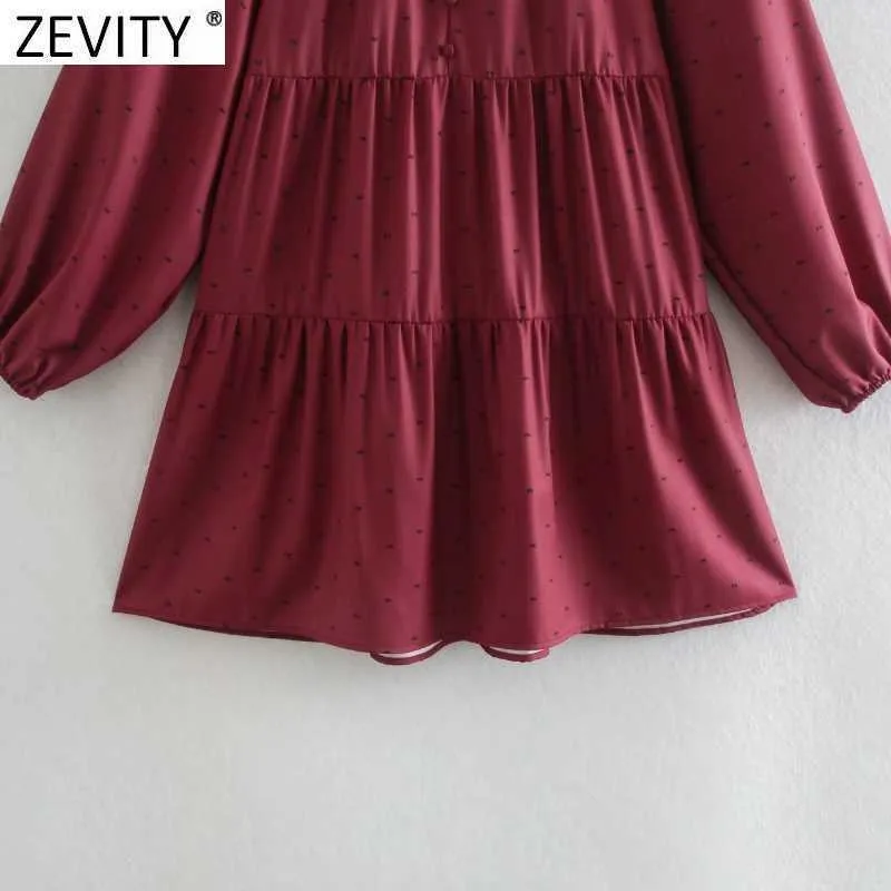 Zevity Women Sweet Vネックレースアッププリントプリーツミニドレス女性長袖カジュアルシックなヴェスティドレディース服DS4958 210603