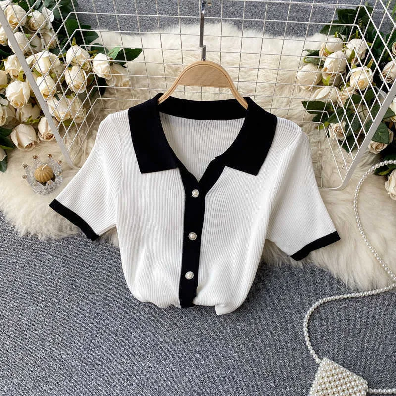 Short Sleeve Polo Shirt Women Fashion Summer Buttons Knit Cardigan Crop Top Color Match Slim Stretch Casual Women's T Tops 210603