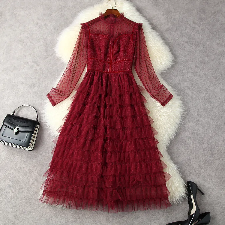 Tiulowe tweedowe sukienki z długim rękawem Współczynnik okrągły szyję czarny / czerwony eleganckie sukienki w połowie kalpli L3W132819