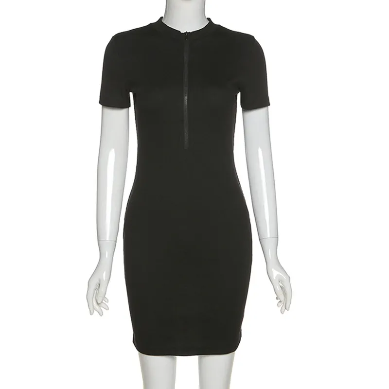 Kvinnor klänning väska hip smal passform solid front dragkedja öppen djup v-hals svart avslappnad kortärmad sommar streetwear 210522