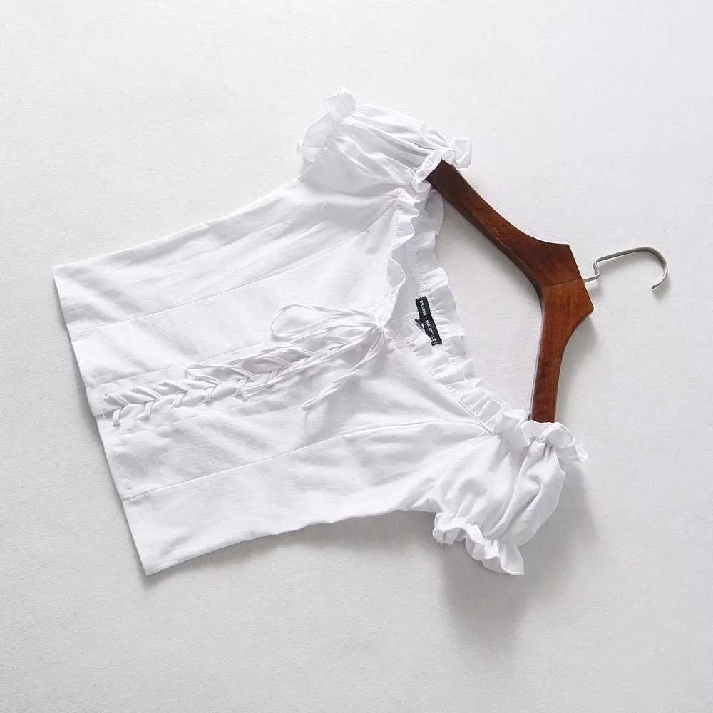Kawaii Style coréen Summer T-shirt Femmes Col carré Mesh Top Lace Up Ruffle Tshirt Blanc Élégant Sexy Boho Streetwear UW8 210603