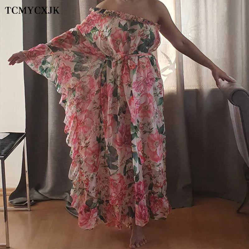 2021 Sommarferie Boho Maxi Dress Women's Off Shoulder Chiffon Floral Print Ruffles Lossa Eleganta Sexiga Långa Kvinnor Y0823
