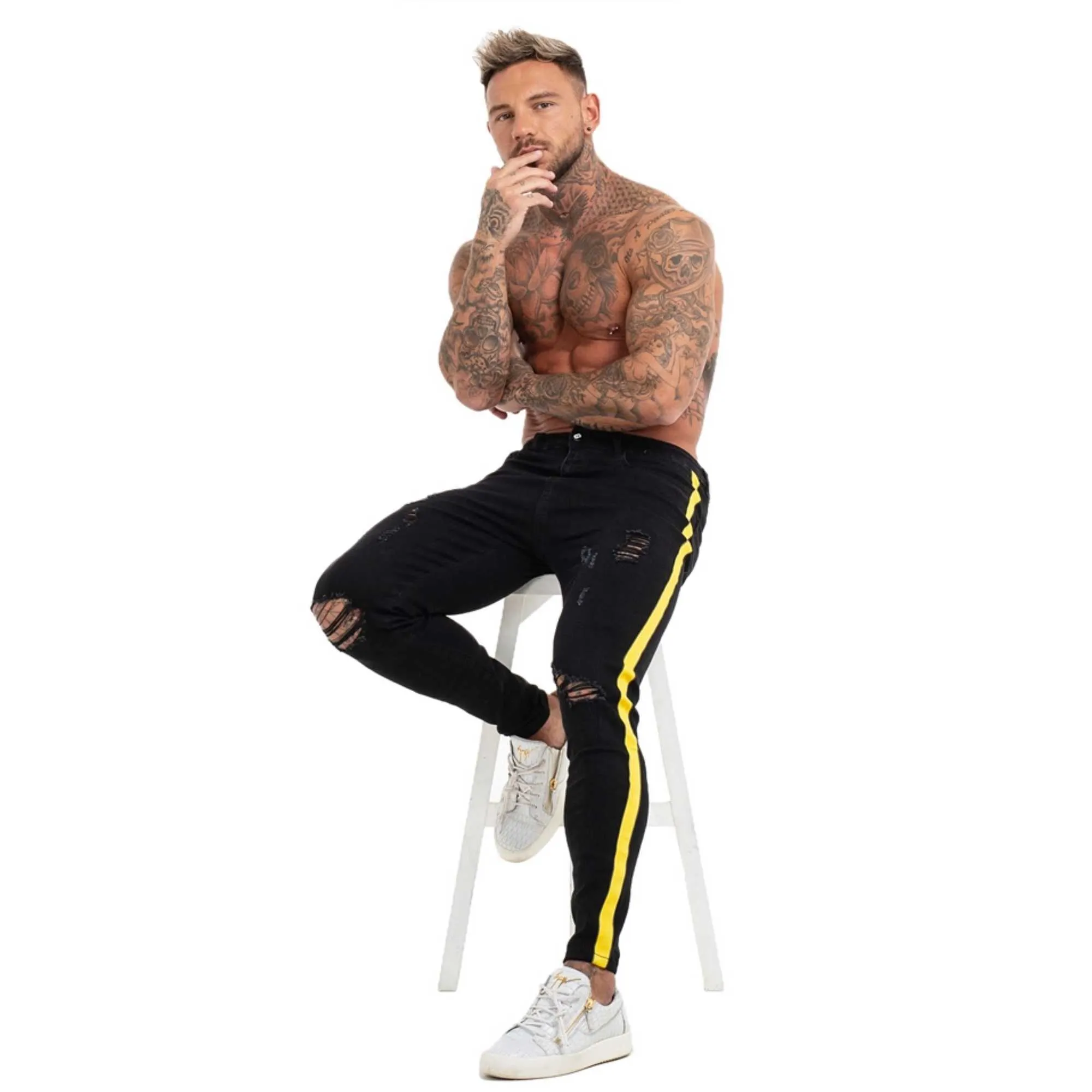 Gingtto Black Skinny Jeans Homme Denim Stretch Slim Fit Jeans Marque Biker Style Classique Hip Hop Cheville Taping Mâle zm68 210622