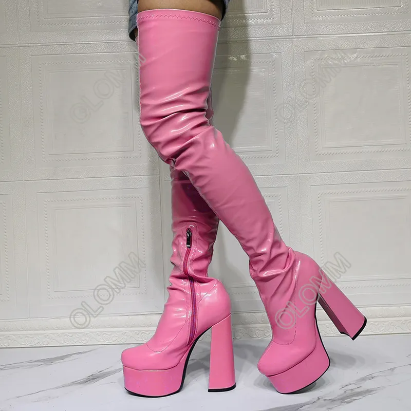 Rontic New Arrival Women Platform Thigh Boots Hoof Heels Round Toe Gorgeous Violet Pink Black Party Shoes Women Plus US Size 5-20