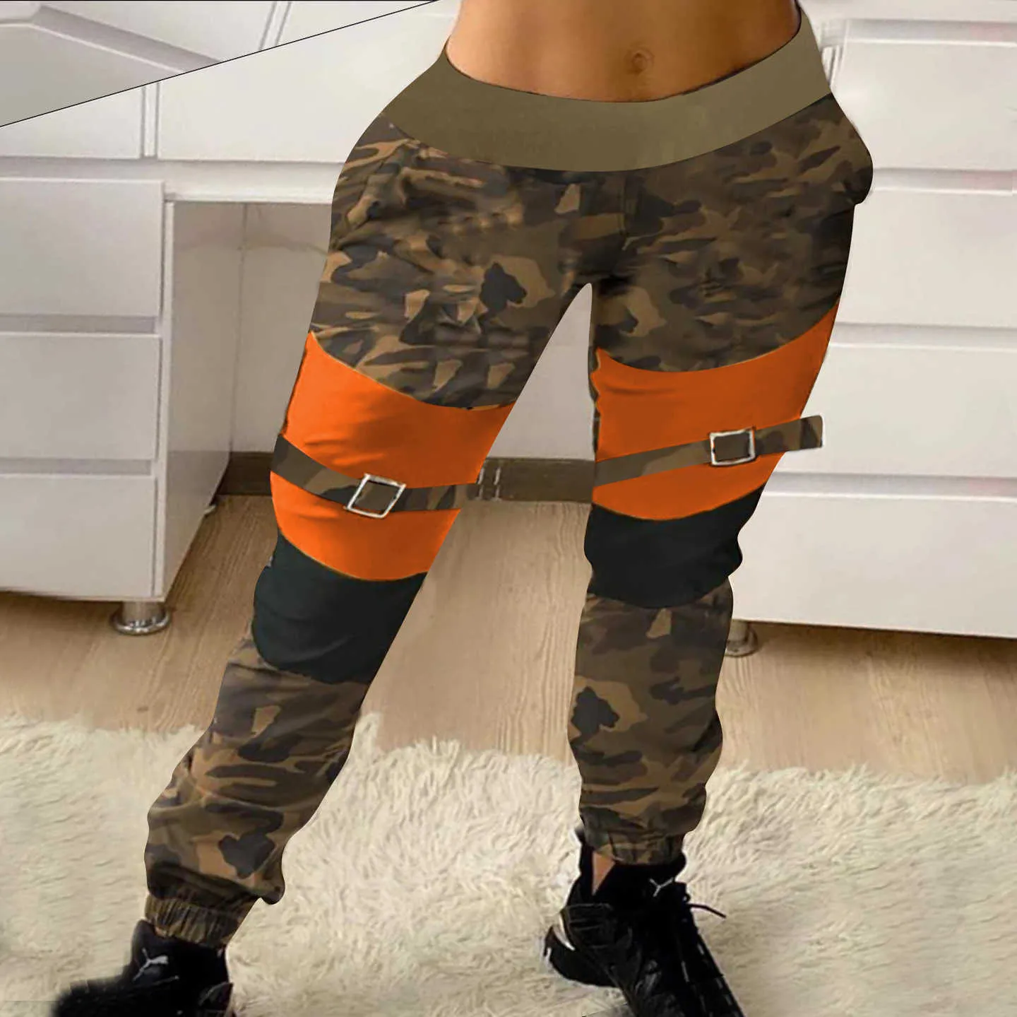 Moda donna Casual Autunno Fibbia Design con cerniera Colorblock Pantaloni cargo casual Stampa mimetica Pantaloni sportivi da jogging Pantaloni 210709