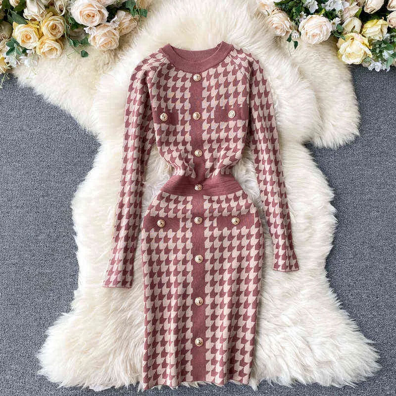 Womme plaid houndstooth gebreide jurk herfst mode retro gebreide trui gewaad werk streetwear winter bodycon plaid jurk G1214