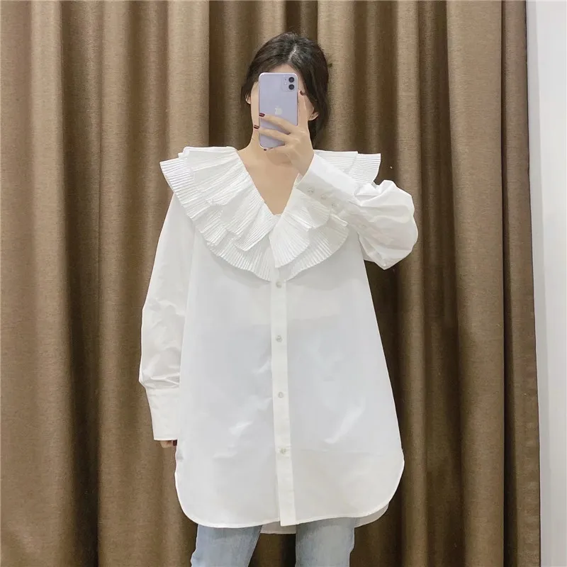 Rüschen Weiß Oversize Lange Shirt Frauen Frühling Plus Größe Hülse Top Weibliche Mode Casual Button Up 210519