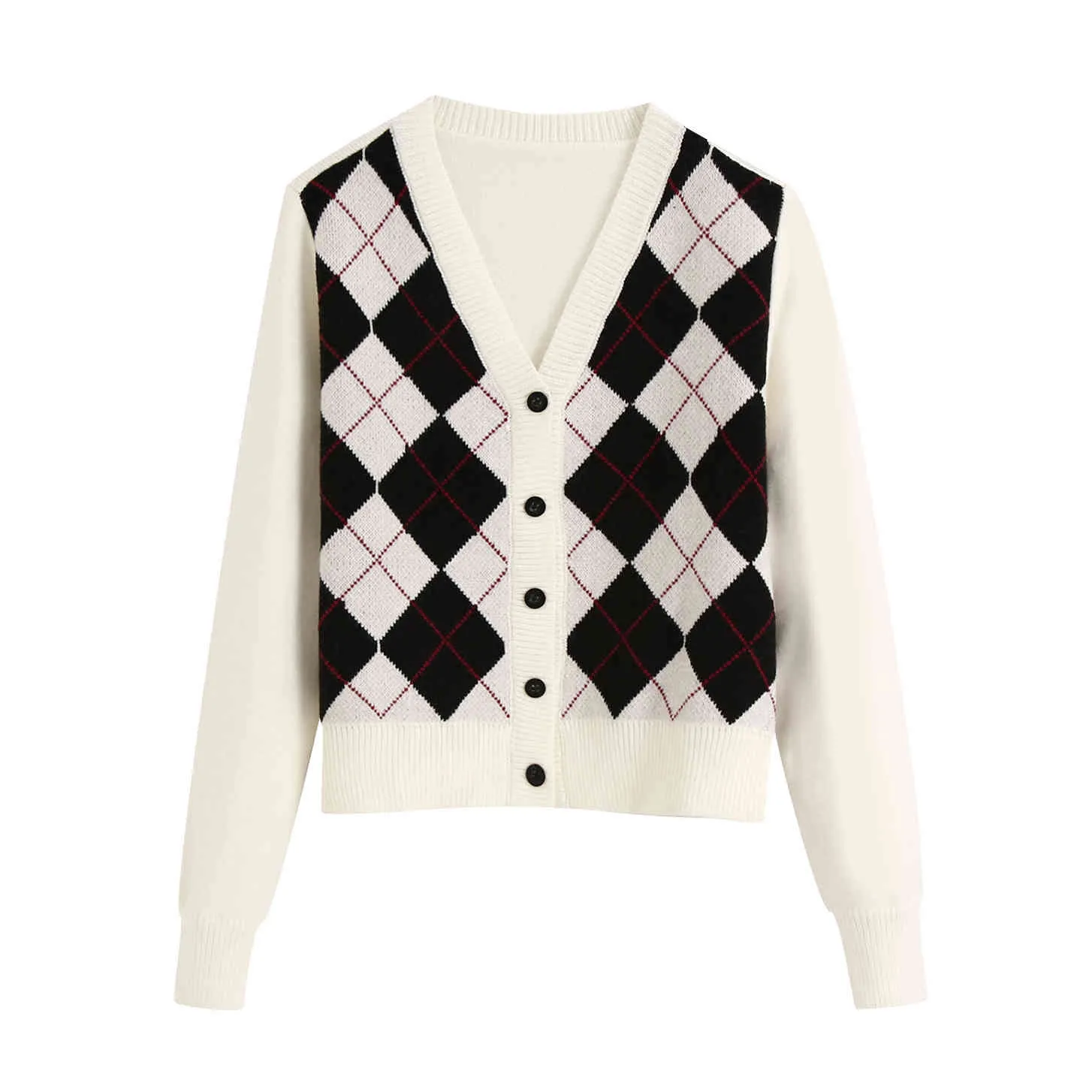 Vintage Stylish Geometric Pattern Short Knitted Sweater Fashion Long Sleeve England Style Outerwear Cardigan Chaqueta 210430