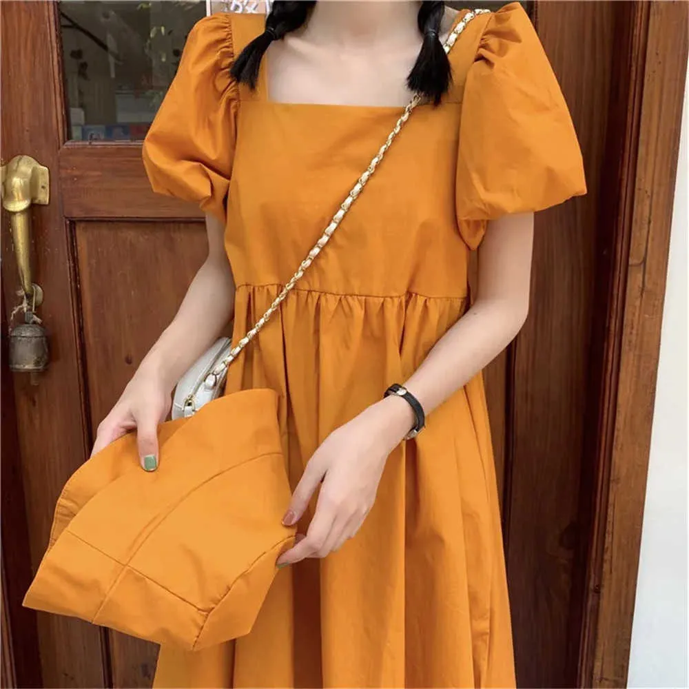 Vintage Black Puff Sleeve Tutu Dress Women France Fashion Loose Square Neck Mini Dress For Student White Summer Streetwear 210619