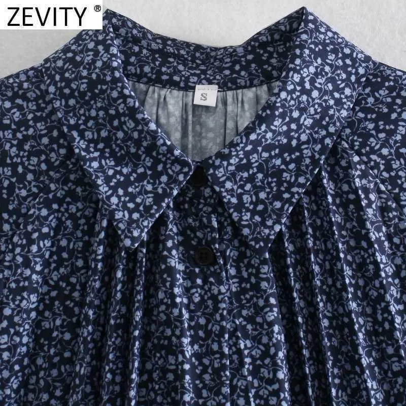 Zevity Women Vintage Floral Print Pleated Shirt Dress Femme Chic Turn Down Collar Casual Loose Business Mini Vestido DS5079 210603