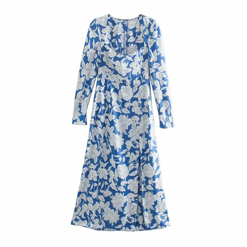 Vuwwyv retro blå blommigryck afrikansk klänning kvinnor våren elegant kväll fest midi långärmad sida slits vestido 210430
