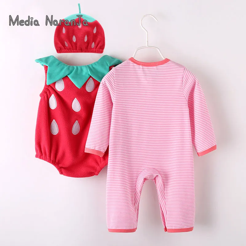 Baby Girl Outfit Strawberry Costume Full Sleeve Romper + Hat + Vest Spädbarn Halloween Festival Purim Pokagram Kläder 220211