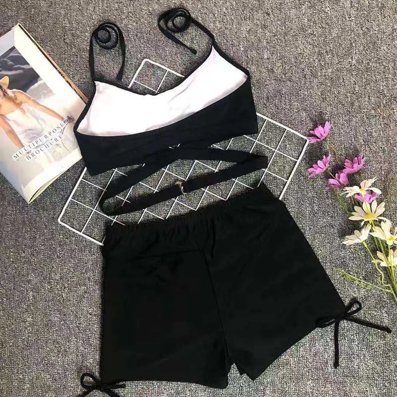 Ingaga Black Swimsuits Alto cintura Biquinis Push Up Swimwear Mulheres Sólida Ruched Biquini Banhando Suits Strap Beachwear 210621