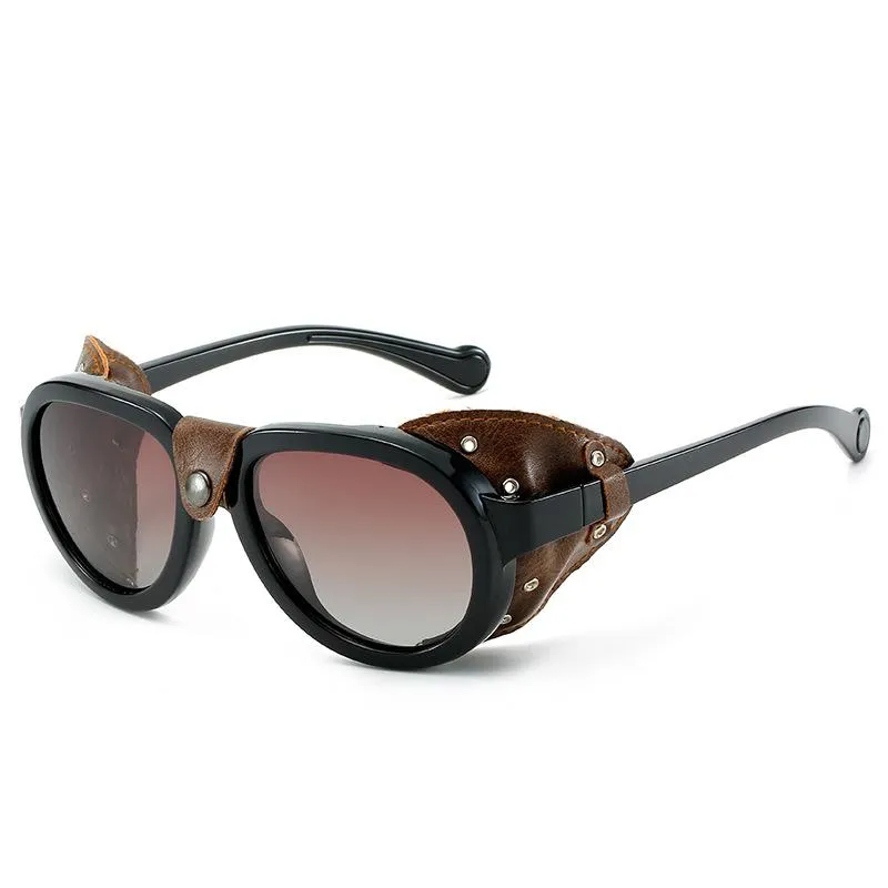 Solglasögon sgyouwant män mode vintage steampunk polariserade solglasögon läder sida sköld punk eyewear297e