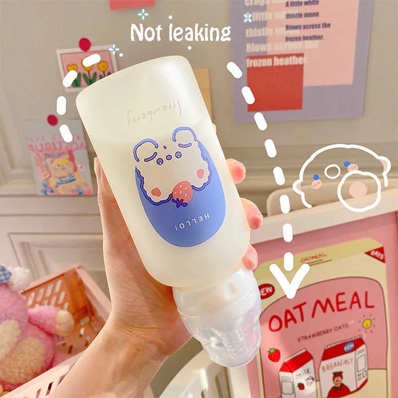 Cute Cartoon Strawberry Bear Glass Pacifier Water Bottle Straw Cup For Adult Children Milk Frosted Bottle Baby Feeding Bottles 2112515