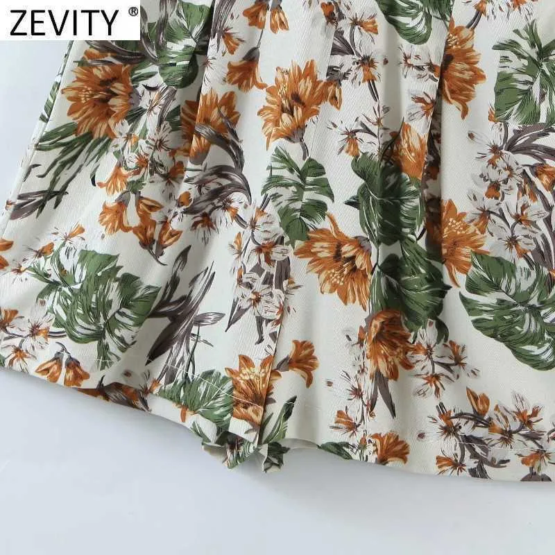 Zevity Frauen Tropical Floral Print Rüschen Playsuits Femme Zurück Reißverschluss Schlank Breite Bein Shorts Siamese Chic Strand Strampler P1017 210603