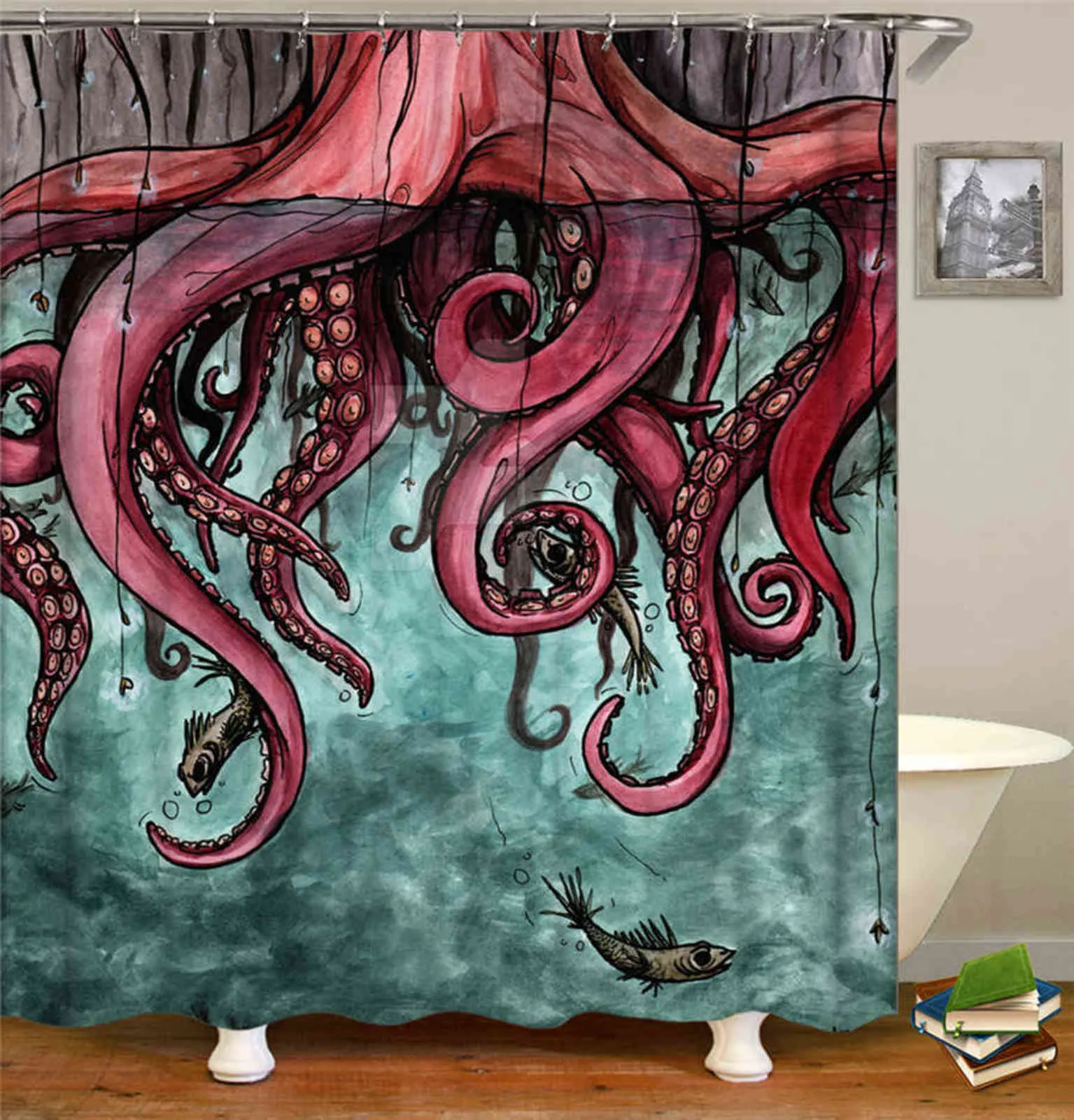 Octopus Seas Tende da doccia Tenda da bagno 180 * 180 cm Bagno impermeabile Decorazioni la casa Schermo da bagno in tessuto lavabile con 12 ganci 211116