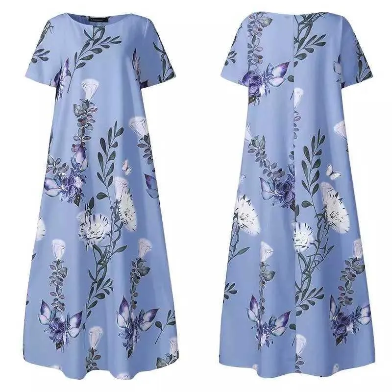 Blomma tryckt maxi klänning kvinnor sommar o nacke bohemian sundress casual lös kortärmad kvinnlig robe vestidos stor storlek 5xl 210526