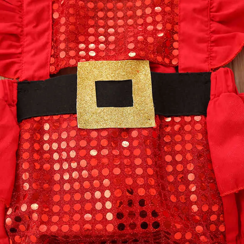 Pasgeboren Kerst Playsuit Peuter Baby Meisjes Tie-Up Ruche Sequin Fly Sleeve Square Collar Romper Overalls Red G1221