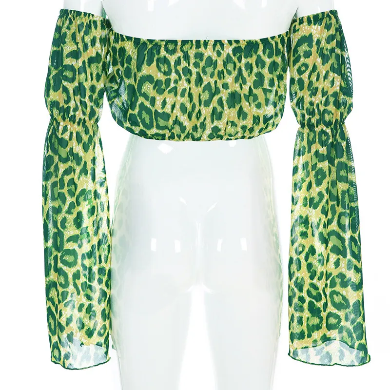 Höst Off Shoulder Crop Top T Shirts Försäljning Långärmad Natur Grön Leopard Skriv ut Kort Beskuren T-shirts Kläder 210517