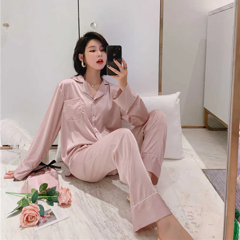 Yaka PJS Setleri Kadınlar Pijama Saten Gecelikler Düğme-Aşağı Seksi Ev Giysileri 2 adet Shirtpants Suit Yaz Comfy Lingerie Pijama Q0706