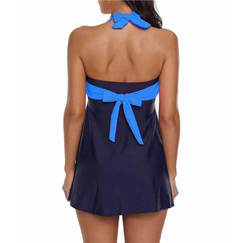 Women Sexy Tummy Control Swimwear Dress Halter Bandeau Plus Size Swimsuit Sports Beach Bathing Suit Skirt 4XL 210604