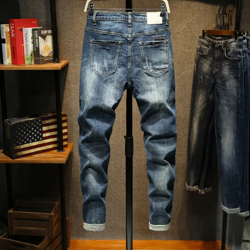 Jeans pour hommes Slim Fit rétro bleu Stretch printemps et automne hommes Jeans pantalons pantalons décontracté mode poches Desinger marque 210318