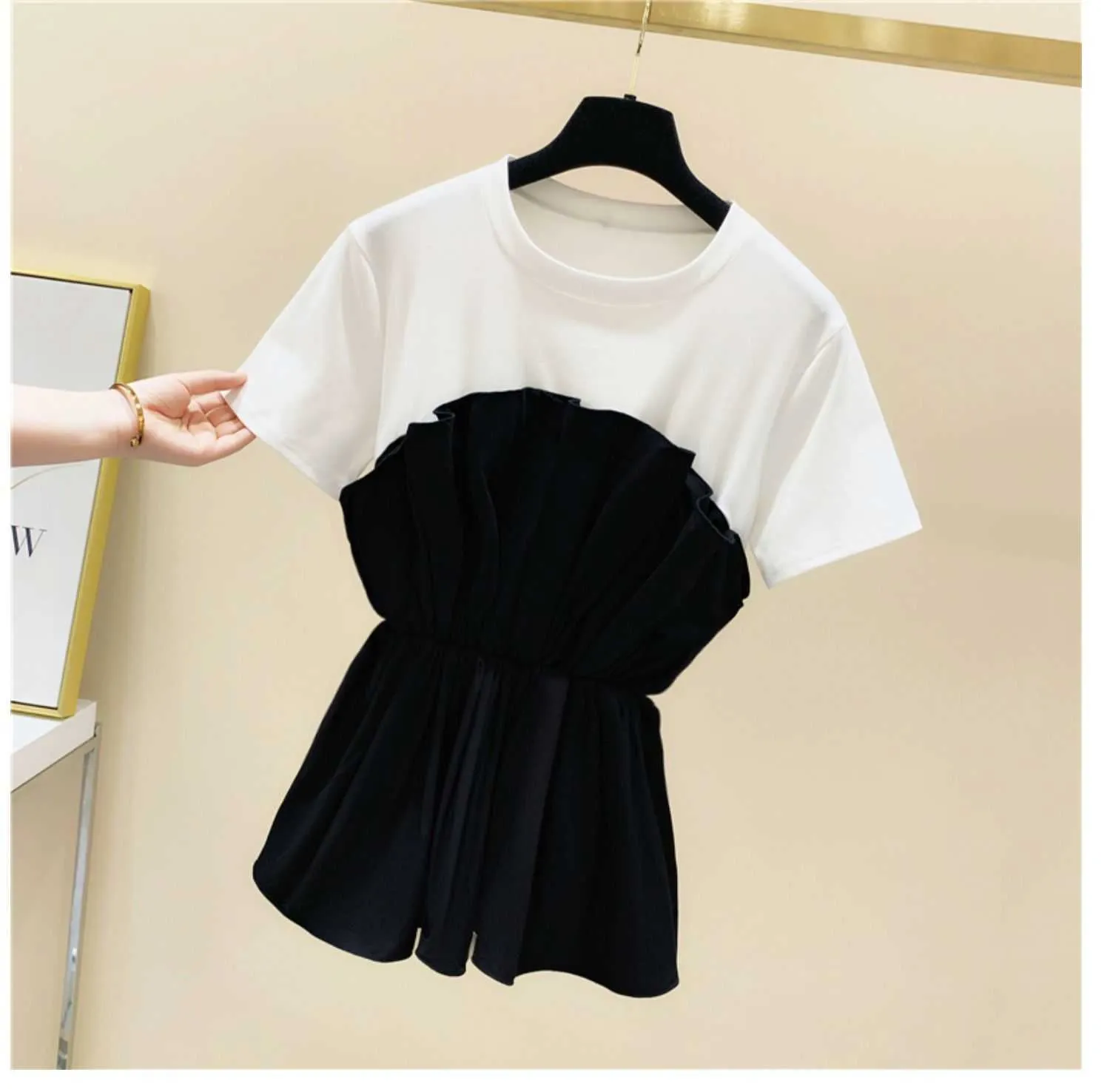 Design Patchwork Pleated Panelled Hugging Fake Two-Piece T-shirt Summer Korean Style Ageing O Neck Shirt Women Tops 210615