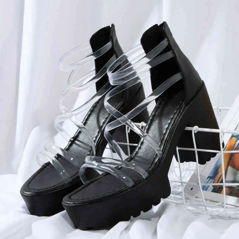 Sandals TELOTUNY sandals Women's Chunky Heels Transparent Zippered Waterproof Platform High heels New Summer Rome Shoes 220121