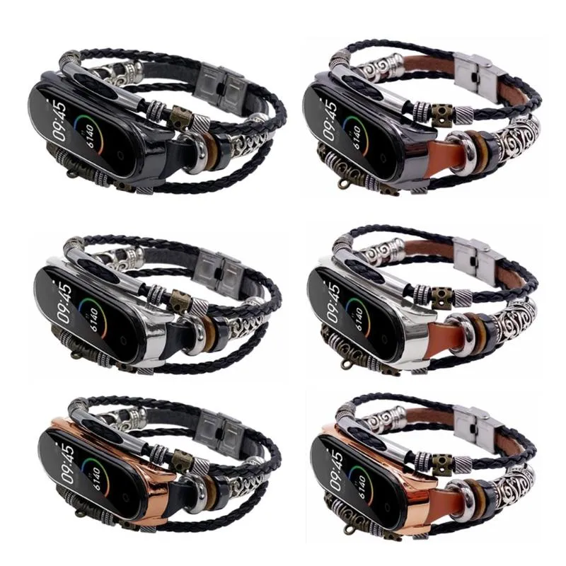 Bracelets de montre pour Mi Band 4 5 Bracelet rétro en cuir véritable Bracelet accessoire boîtier en métal Bracelet de montre MiBand2414