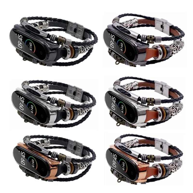 Watch Bands For Mi Band 4 5 Bracelet Retro Genuine Leather Wristband Strap Accessory Metal Case Watchband MiBand2414