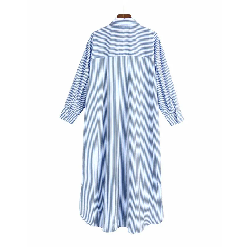 青い縞模様の特大シャツドレス女性夏のカジュアルボタンアップMidi女性長袖の非対称裾のvestidos 210430