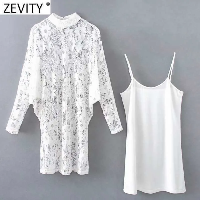 Zevity Donne di Estate Sexy Scava Fuori Il Merletto Del Crochet Chemisier Femminile Manica A Pipistrello abiti Chic Interno Sling Abiti DS8100 210603