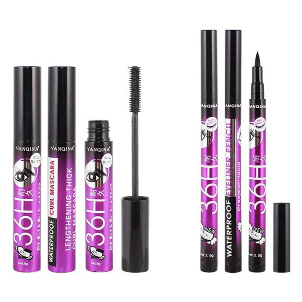 Svart Mascara + Eyeliner Pencil Makeup Set Silk Fiber 2 i 1 Extend Tjock Eyelash Slim Tjock Curling Vattentät Kosmetik Kit