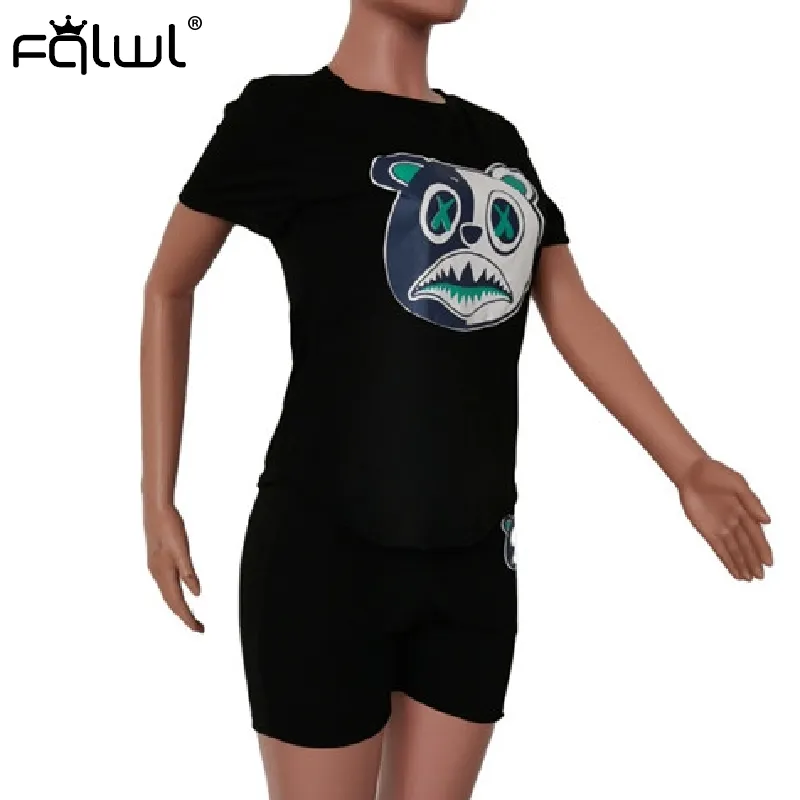 FQLWL Cartoon Print 2 Stück Set Frauen Outfits Sommer T-shirt und Zwei Stück Biker Shorts Set Passenden Set Frauen trainingsanzug Weibliche X0428