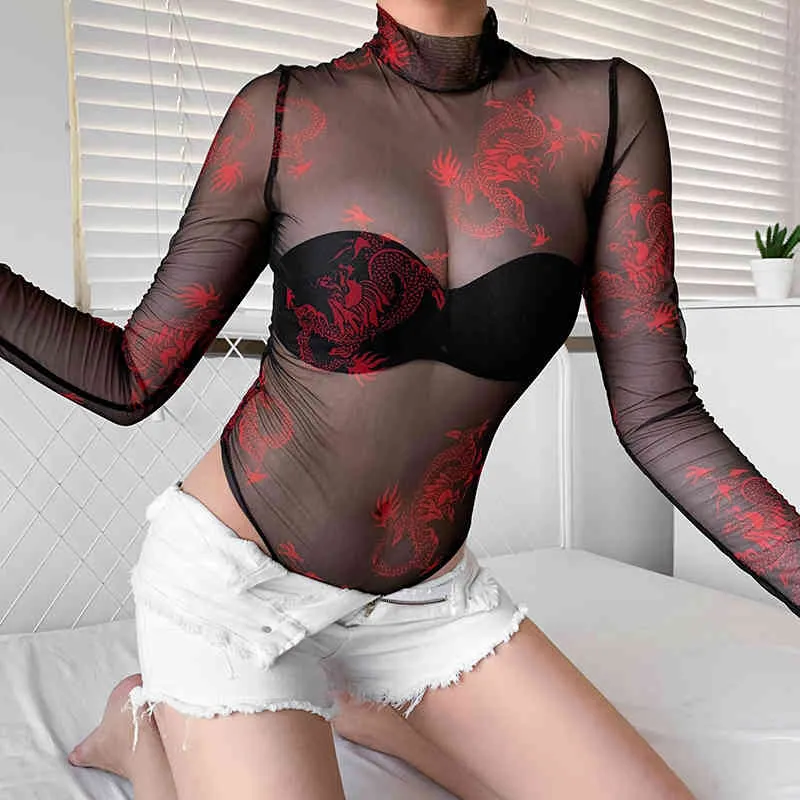 Rawpriter Sexy Transparent Mesh Dragon Bodysuit Kvinnor Sommar Turtleneck Long Thumb Sleeve Se igenom Open Crotch 210510