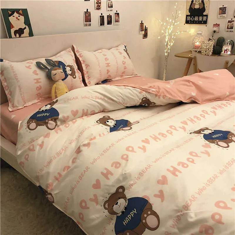 Set di biancheria da letto bambini con trapunta copripiumino lenzuolo federa simpatico coniglio orso stampato ragazzi ragazze biancheria da letto matrimoniale singola completa 211007