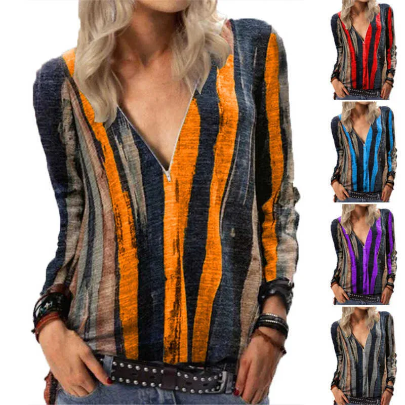Autumn T-Shirt Women Fashion V-Neck Zipper Tie Dye Stripe Print Loose Casual Long Sleeve Ladies TShirt Female Plus Size 5XL Tops 210526