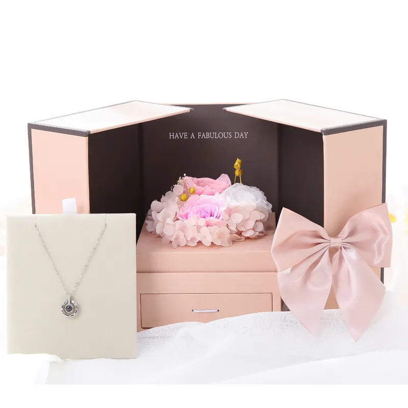 Orso giocattolo Vita eterna Fiore Confezione regalo Doppia porta Collana rosa Scatole regalo Rossetto compleanno San Valentino Regali la mamma