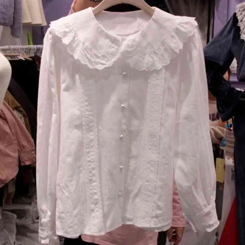 Doce Peter Pan Collar Botão Branco Camisas Mulheres Blusas Primavera Manga Longa Mulheres Tops Confortável Blusas Mujer 210514
