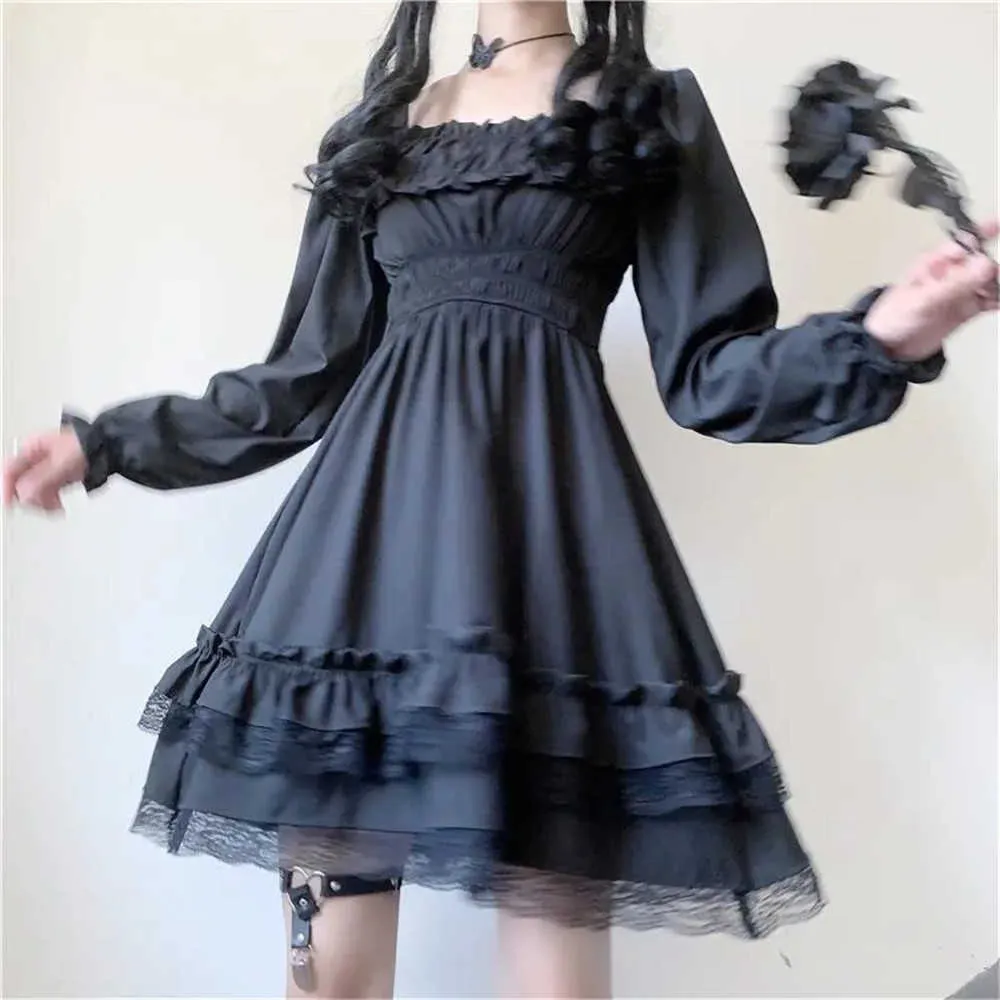 Japansk lolita plus storlek 4xl prinsessan svart miniklänning kvinnor hög midja gotisk klänning puffhylsa spetsar ruffles festklänningar 210619