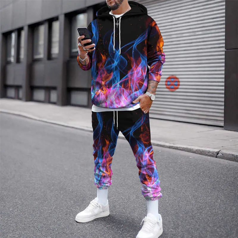 Męskie zestawy z kapturem Bluza spodnie dresowe Dres 2 Sztuk Płomień Drukuj Streetwear Boy Bluzy Joggers Garnitur męskiej Odzież Plus Rozmiar 6XL X0909