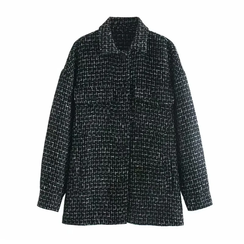 BLSQR Stylish Loose Tweed Plaid Jacket Coat Women Fashion Long Sleeve Pockets Outerwear Coats Black Chic Tops 210430