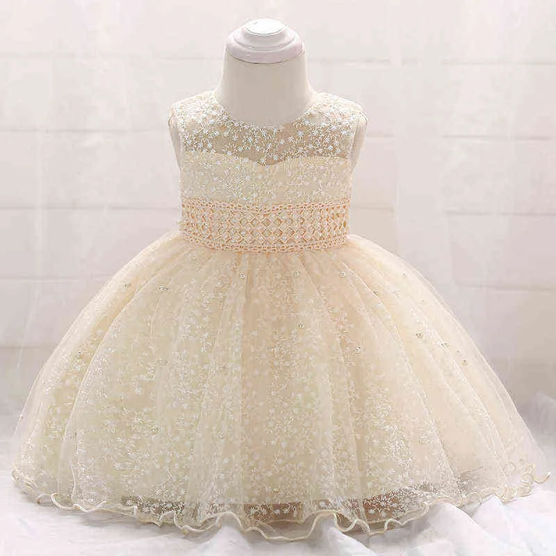 Bébé Fille Perles Champagne Tulle Baptême Princesse Enfant Fête D'anniversaire Robe De Bal Robe Nouveau-Né Enfants Baptême 1 Ans G1129