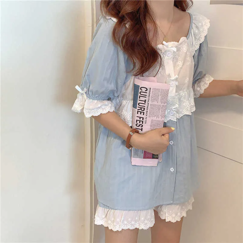 Principessa in cotone con volant estivi Sweet Girls Sleepwear Donna Home Chic Pigiama allentato Completo in due pezzi 210525