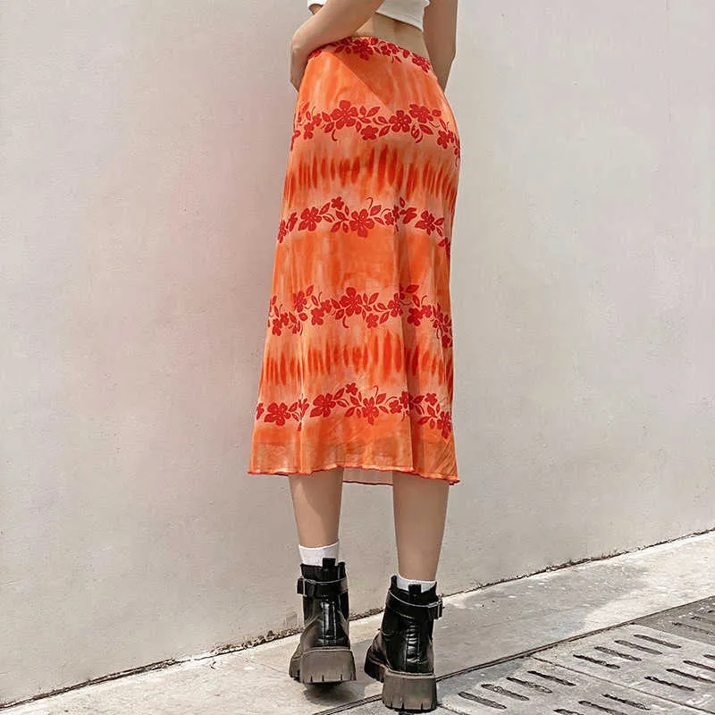 Оранжевые цветочные длинные юбки Y2K Летняя оборка сладкие милые средние теленки женщины пляж стиль моды нижняя 210529