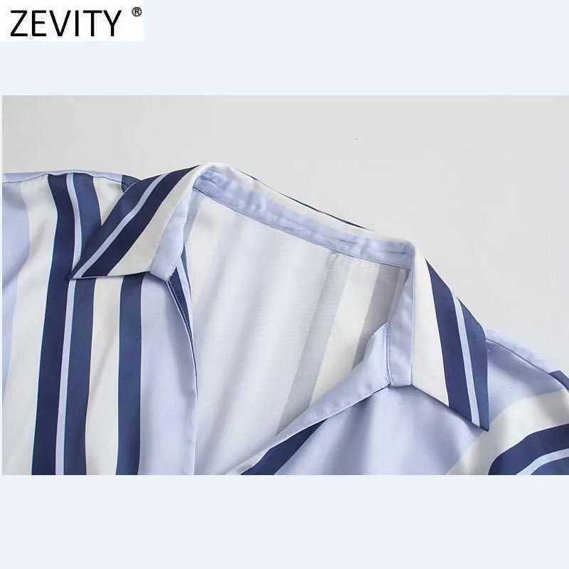 Zevity Women Cross V Neck Pasiast Print Hem Wiązany krótki Slim Smock Bluzka Femme Koszulka z krótkim rękawem Roupas Chic Topy LS9107 210603  t